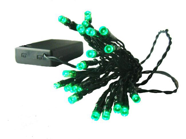 Set of 20 Battery Operated Green LED Wide Angle Christmas Lights - Green Wire