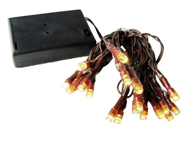 Set of 20 Battery Operated Warm Clear LED Wide Angle Christmas Lights - Brown Wire