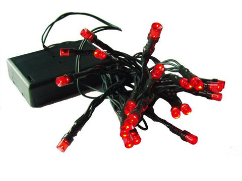 Set of 20 Battery Operated Red LED Wide Angle Christmas Lights - Green Wire