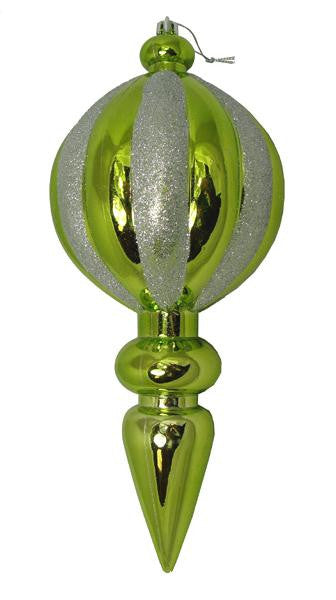 Kiwi Green and Silver Glitter Stripe Shatterproof Finial Christmas Ornament 12"