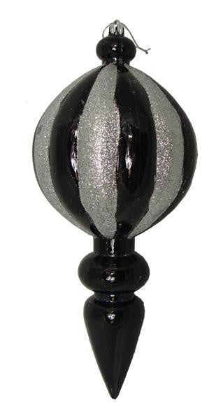 Black and Silver Glitter Stripe Shatterproof Finial Christmas Ornament 12"