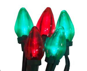 25 Transparent Red & Green LED Retro Style C7 Christmas Lights - Green Wire