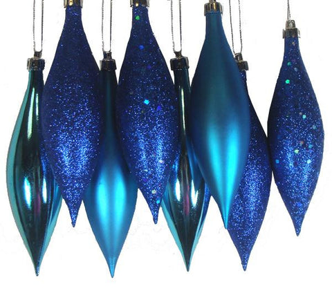 8ct Lavish Blue Shatterproof 4-Finish Finial Drop Christmas Ornaments 5.5"