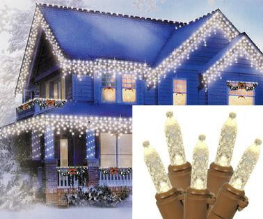 Set of 70 Warm Clear LED M5 Icicle Christmas Lights - Brown Wire