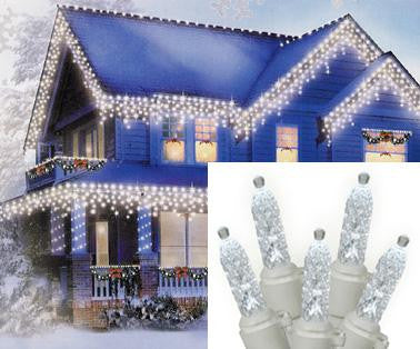 Set of 70 Faceted Pure White LED M5 Icicle Christmas Lights - White Wire