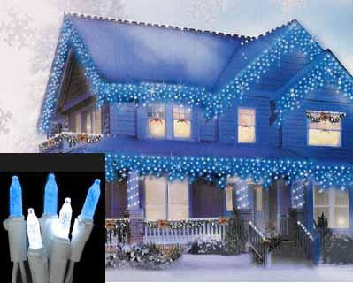 Set of 70 Blue and Pure White LED M5 Icicle Christmas Lights - White Wire