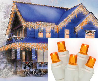 Set of 70 Amber-Orange LED Wide Angle Icicle Christmas Lights - White Wire