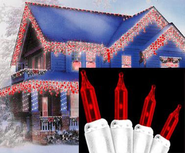 Set of 100 Red Mini Icicle Christmas Lights 2.5" Bulb Spacing 22 AWG - White Wire