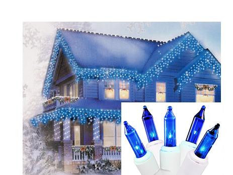 Set of 100 Blue Mini Icicle Christmas Lights 2.5" Bulb Spacing - White Wire