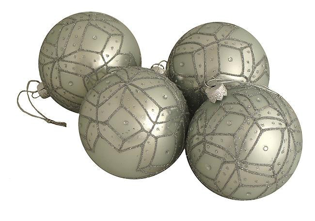 PACK OF 4 SILVERY BLUE GLITTERED GLASS BALL CHRISTMAS ORNAMENTS 3" (75MM)