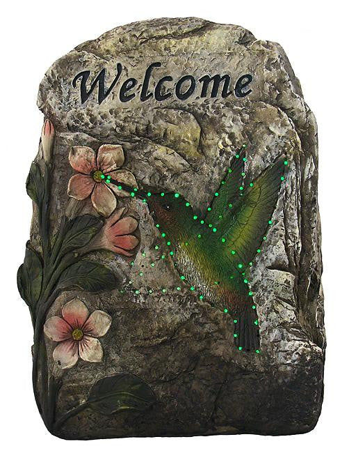 9.5" LED Lighted Solar Powered "Welcome" Hummingbird Outdoor Garden Stone