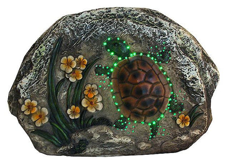 7" LED Lighted Solar Powered Turtle and Flowers Outdoor Garden Stone