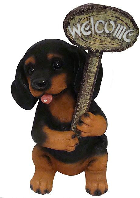 15.5" LED Lighted Solar Powered Dark Puppy Dog with Welcome Sign Figure