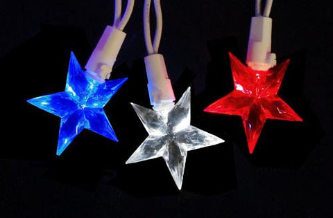 Set of 30 LED Red, White & Blue 4th of July Patriotic Christmas Star Lights - White Wire