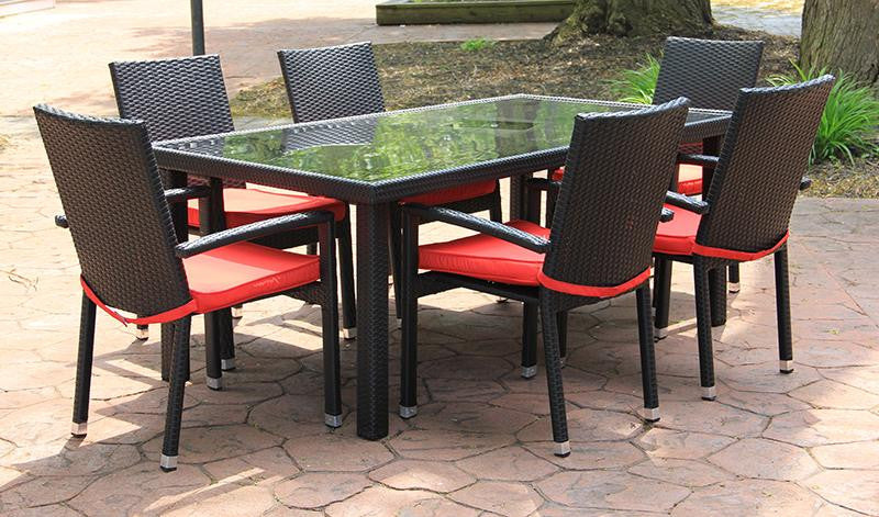 7-Piece Black Resin Wicker Outdoor Furniture Patio Dining Set - Red Cushions