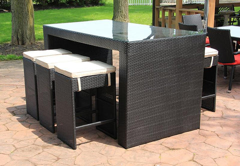 7-Piece Black Resin Wicker Outdoor Furniture Bar Dining Set - White Cushions