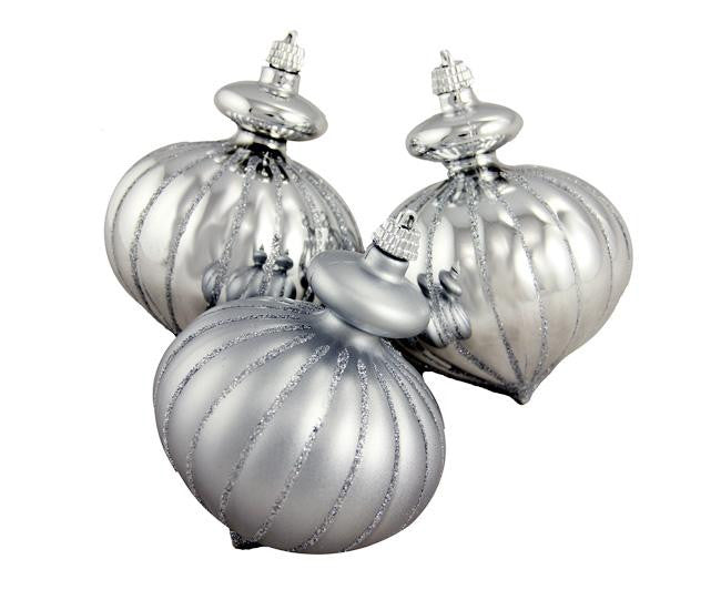 Pack of 3 Shiny and Matte Silver Onion Shatterproof Christmas Ornaments 4"