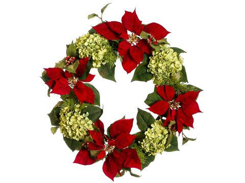 24" Glittered Poinsettia, Hydrangea & Holly Artificial Christmas Wreath - Unlit