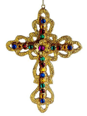 6" Rounded Edge Gold Jeweled Religious Cross Christmas Ornament