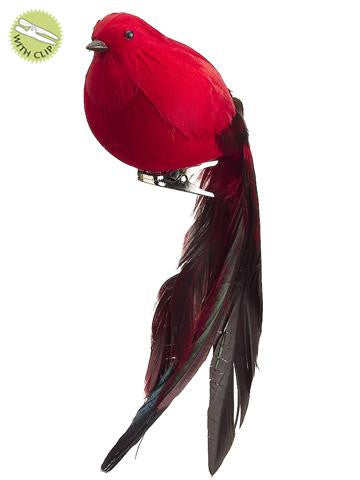 8" Ruby Red Long Tail Feathered Bird Clip-On Christmas Ornament