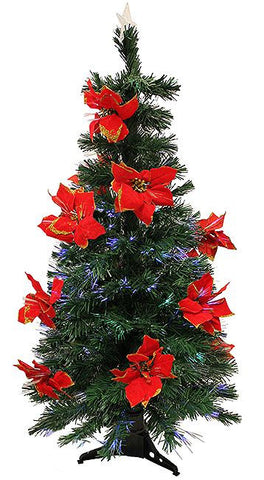 3' Pre-Lit Fiber Optic Artificial Christmas Tree with Red Poinsettias - Multi