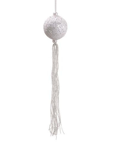 12" Winter Frost White Glitter Christmas Ball Ornament with Tassels and Beads