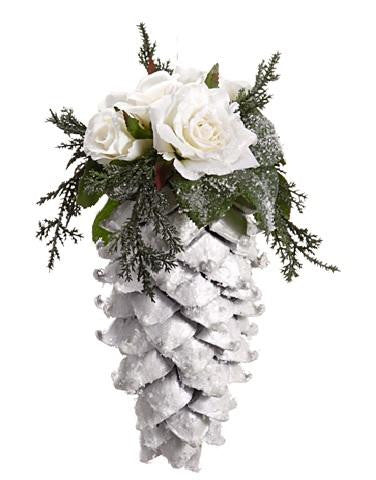 9.5" Snow Drift Large Glittered Pine Cone with Roses Christmas Ornament