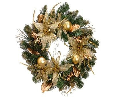 24" Gold Poinsettia, Ball and Berry Pine Artificial Christmas Wreath - Unlit