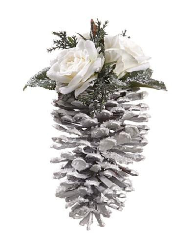 7.5" Snow Drift Glittered Pine Cone with Rose Christmas Ornament