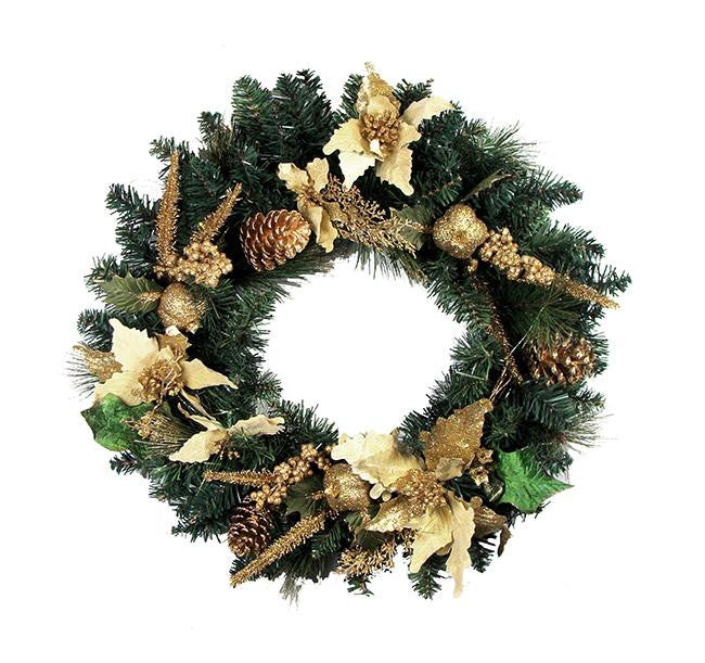 24" Pre-Decorated Gold Poinsettia & Pine Cone Artificial Christmas Wreath -Unlit