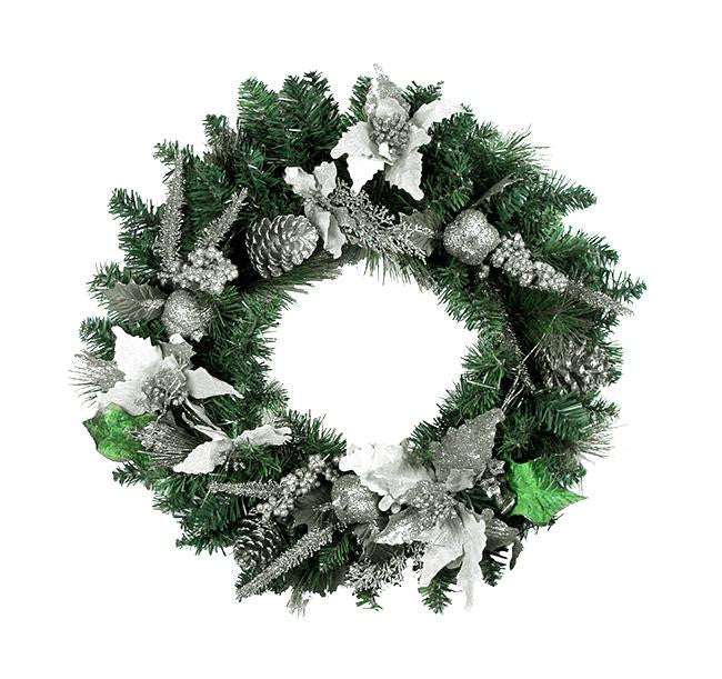 24" Pre-Decorated Silver Poinsettia, Pine Cone Artificial Christmas Wreath Unlit