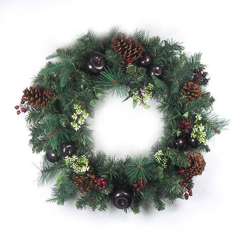 24" Pre-Decorated Red Berry, Pine Cone, Apple Artificial Christmas Wreath -Unlit