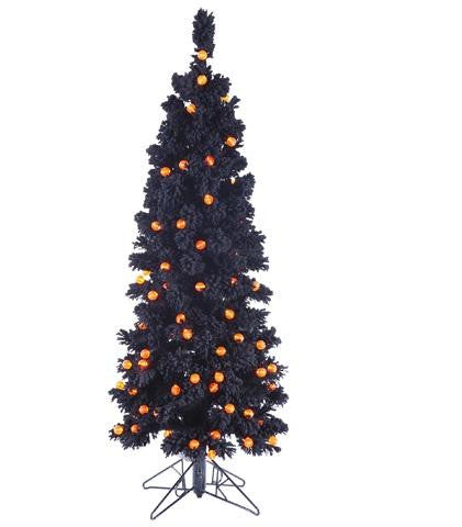 4.5' Pre-Lit Flocked Black Artificial Halloween Tree - Orange G25 LED Lights