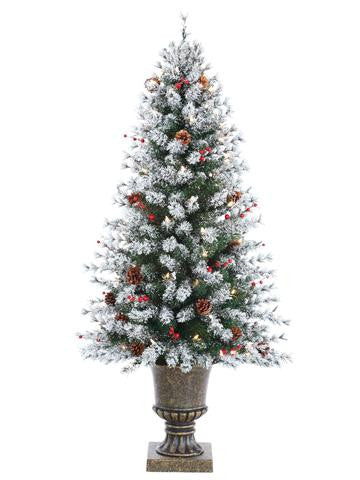 4.5' Pre-Lit Flocked Artificial Pine Christmas Tree with Cones & Berries - Clear