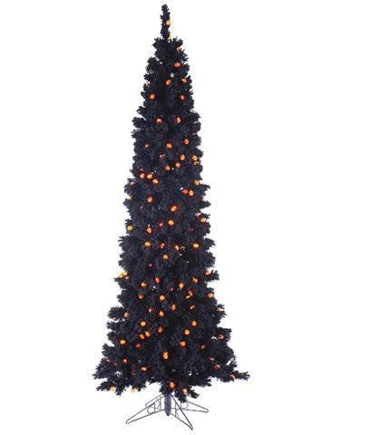 6.5' Pre-Lit Black Flocked Artificial Halloween Tree - Orange G25 LED Lights