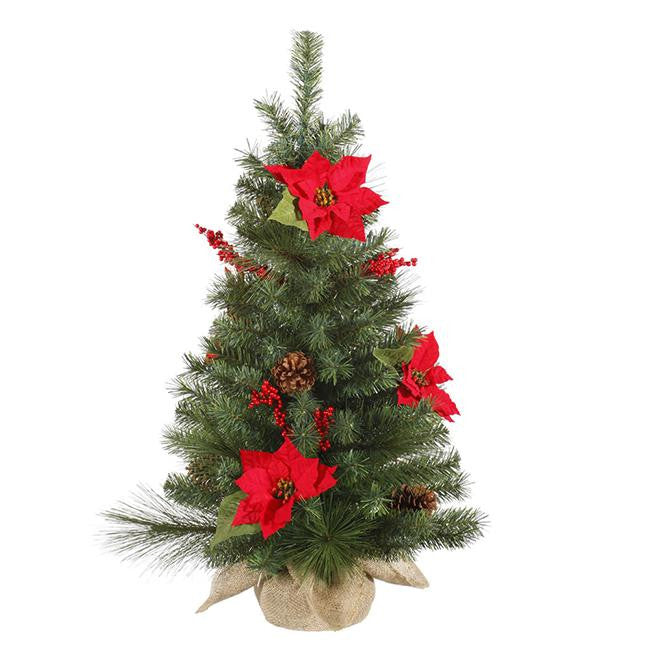 3' Pre-Lit Poinsettia, Berry and Pine Cone Christmas Tree In Burlap Sack - Clear