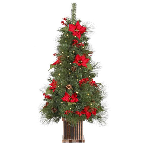 4' Pre-Lit Poinsettia, Berry and Pine Cone Potted Christmas Tree - Clear Lights