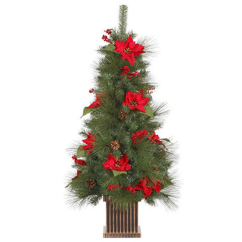 4' Poinsettia, Berry and Pine Cone Potted Artificial Christmas Tree - Unlit