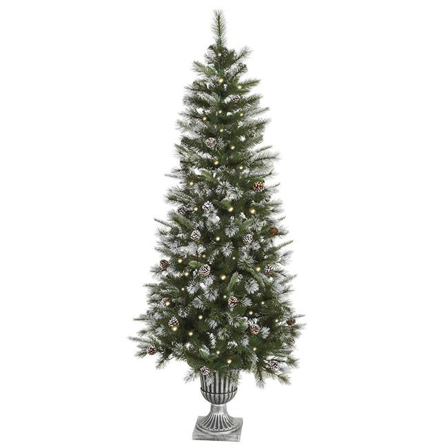 6.5' Pre-Lit Frosted Country Pine Cone Potted Artificial Christmas Tree - Clear