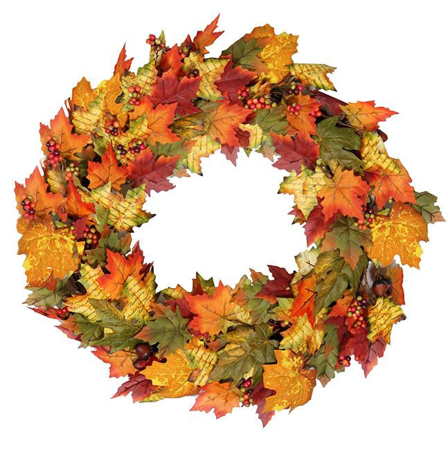 24" Autumn Blessings Maple Leaf, Berry and Acorn Artificial Thanksgiving Wreath