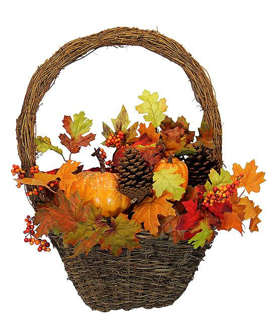 23" Autumn Harvest Maple Leaf and Gourd Artificial Thanksgiving Basket Wreath