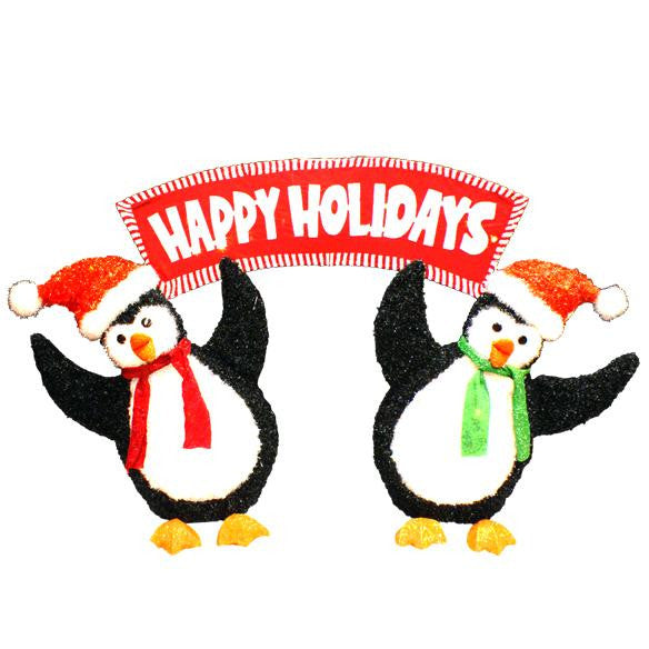 Set of Lighted Penguins with "Happy Holidays" Sign Christmas Yard Art Decor 60"