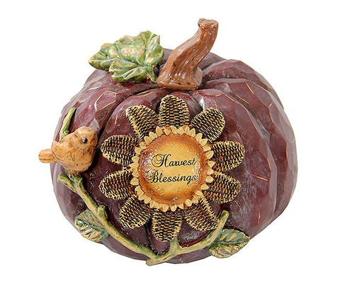 7" Harvest Blessings Thanksgiving Pumpkin Decoration with a Sunflower and Bird