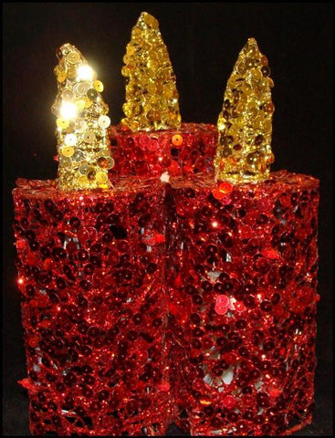 9" Red and Gold Sequined Flameless LED Lighted Christmas Pillar Candle Trio