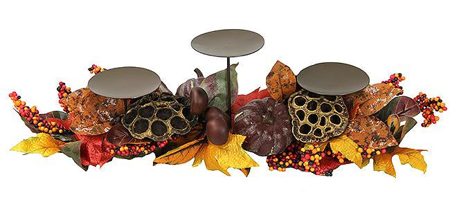 24" Lotus Harvest Autumn Leaf and Berry Thanksgiving Pillar Candle Holder