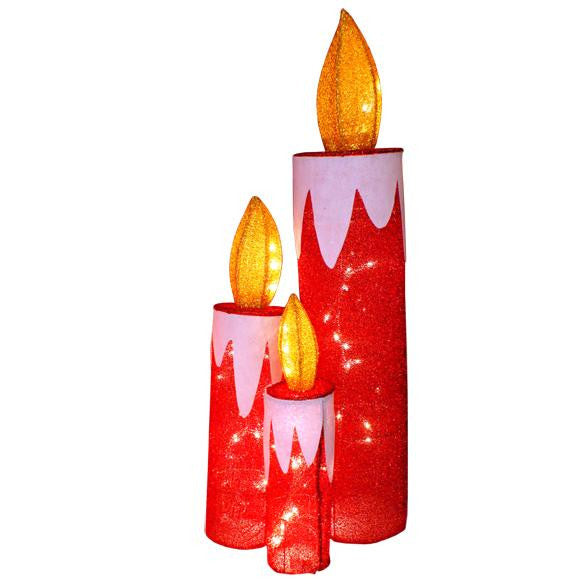 Set of 3 Pre-Lit Red and Gold Tinsel Candle Christmas Yard Art Decorations