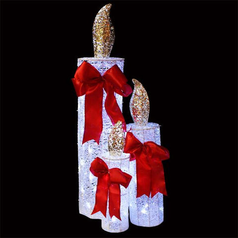 Set of 3 White LED Lighted Sequin Candle Christmas Yard Art Decorations