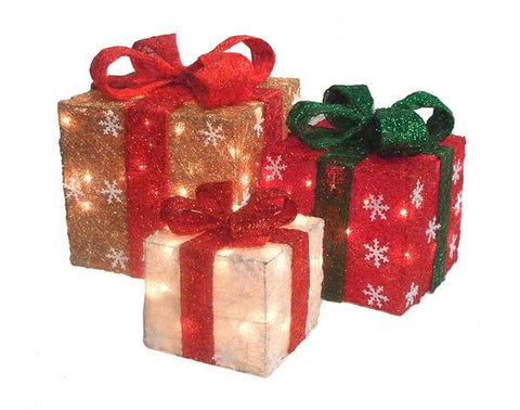 Set of 3 Gold, Red & Cream Sisal Gift Boxes Lighted Christmas Yard Art