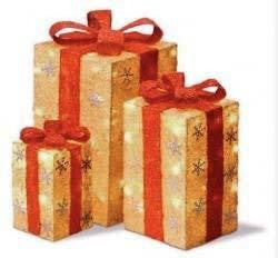 Set of 3 Tall Gold Sisal Gift Boxes Lighted Christmas Yard Art Decorations