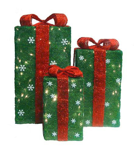 Set of 3 Tall Green Sisal Gift Boxes Lighted Christmas Yard Art Decorations